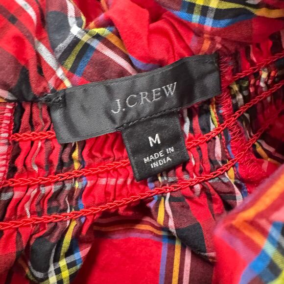 J. Crew Red Smocked Neck Top Good Tidings Plaid Ruffled Relaxed Womens Size M - Picture 7 of 9